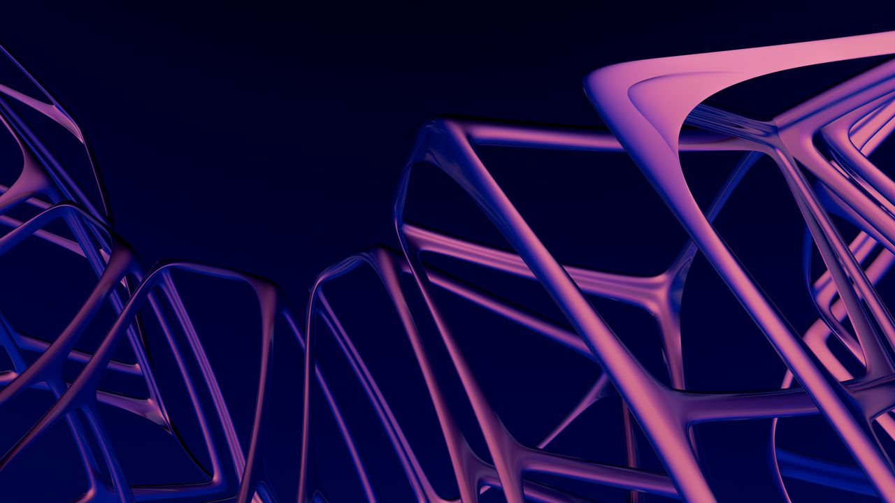 About A captivating 3D abstract image with futuristic geometric shapes in purple hues.